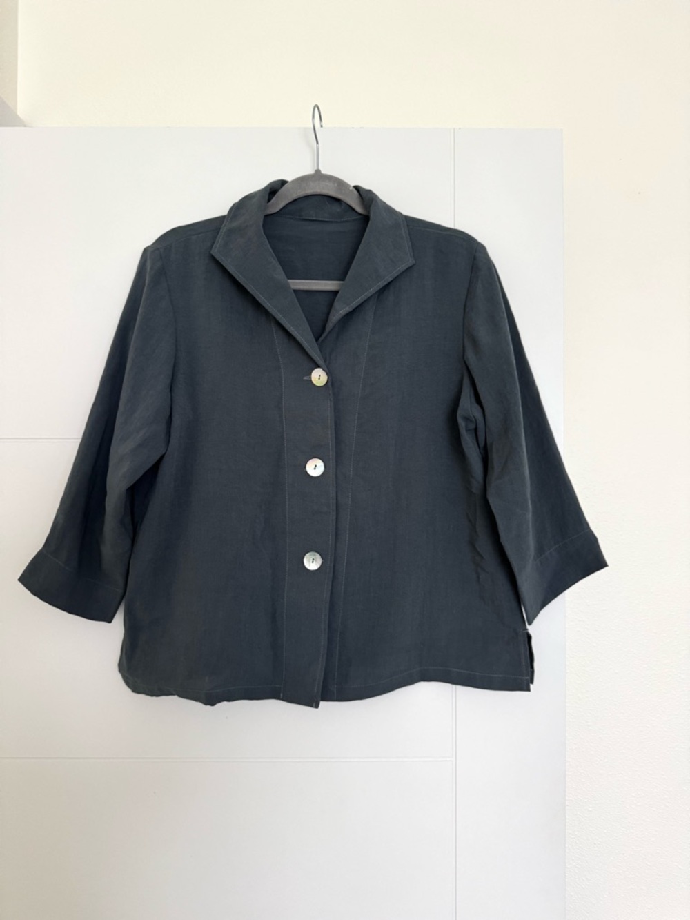FRIDAZE Jacket Women Med  Blue  Linen 3/4 Sleeve LagenLook Comfort Button down